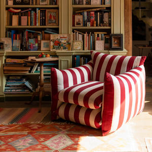 Sillón <span class=keywords><strong>Individual</strong></span> Estilo Americano con Diseño de Cebra, Tapizado en Lino Rojo, con Rayas Azules y Blancas, Ideal para Apartamentos Pequeños - Product Image 4
