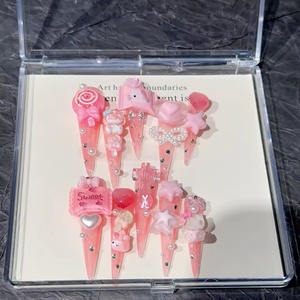 Venta al por mayor hecho a mano Stiletto largo prensa en las <span class=keywords><strong>uñas</strong></span> 3D Hello Kitty corazón arco Rosa diseño reutilizable acrílico personalizado <span class=keywords><strong>uñas</strong></span> postizas - Product Image 2