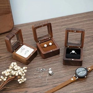 Solid Walnut Wood Wedding <b>Ring</b> <b>Box</b> Square Dark Brown Jewelry Storage Desktop Organizer With Glass Lid For Engagement <b>Rings</b> - Product Image 4