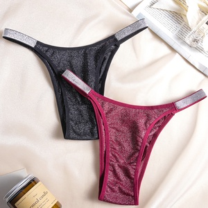 European Size S to XL Panties Women's Shiny Glitter Bikini <strong>Underwear</strong> with Silver Elastic Band Low Waist High Leg Underpants - Product Image 3