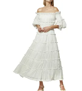 プラスサイズの女性のドレス新しいデザインのファッションワンショルダーウエストドレスパフスリーブホワイトエレガントレディースガールズレディース服