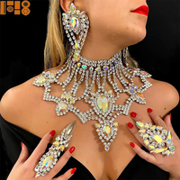 Parure de bijoux fantaisie haut de gamme faite à la main avec strass AB, collier ras-du-cou à pampilles lourdes et boucles d'oreilles pour carnaval