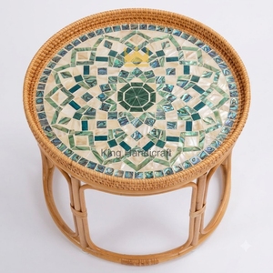 Custom Wholesale Modern Rattan Nightstand <b>Table</b> Mother of Pearl Mosaic Top <b>Round</b> <b>Bedside</b> Coffee Side <b>Table</b> Set - Product Image 1