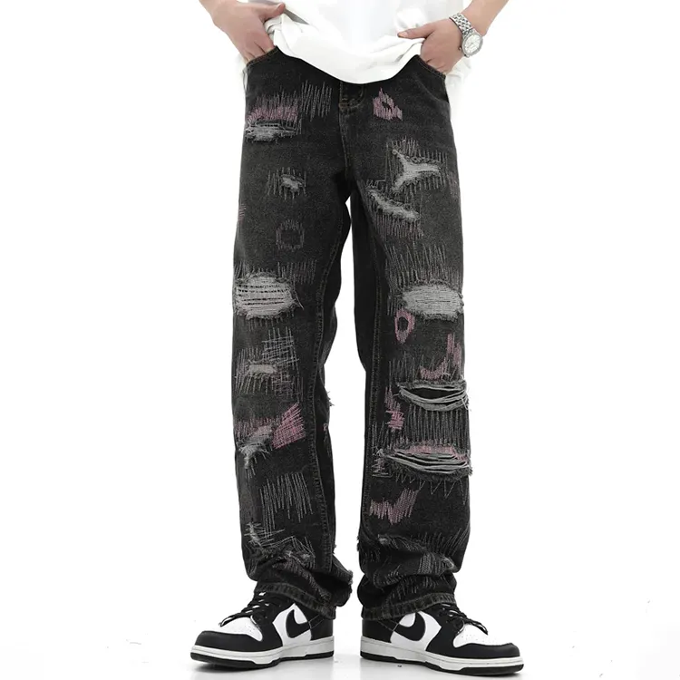 OEM Custom High Quality Unisex Jeans Fashion Straight baggy Jeans Stitching Embroidered Denim Trousers Distressed Men Jeans