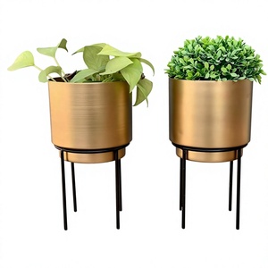 Pot de fleurs en laiton Amson, style fantaisie, en métal doré, avec support en fer noir, pour l'extérieur, écologique, durable, revêtement en poudre - Product Image 1
