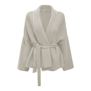 Cardigans de Inverno Elegantes com Cinto, Jaqueta de Gola Reversa Francesa, Cardigans Tricotados de Comprimento Médio para Mulheres - Product Image 2