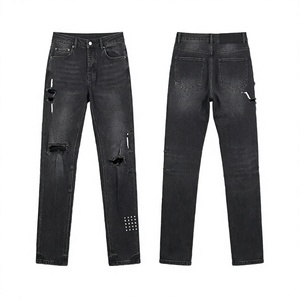 Black Ripped Slim Fit Denim <b>Jeans</b> Washed Stretch <b>Jeans</b> for <b>Men</b> and Women Streetwear Casual <b>Trousers</b> - Product Image 4