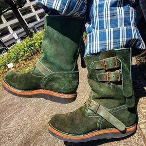 Bottes en daim vertes style rétro mi-mollet à bout rond avec bride à boucle et semelle extérieure en caoutchouc, couleur unie, toutes saisons, tendance, vente en gros - Product Image 1