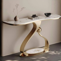Table console moderne et simple en acier inoxydable doré, style luxe léger, avec plateau en marbre, pour salon, couloir étroit, entrée ou hall.