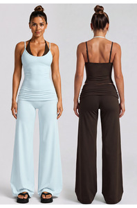 Conjunto Deportivo de Yoga de 2 Piezas para Mujer al por Mayor: Top Halter de Doble Tirante y Pantalones de Yoga de Pierna Ancha de Alta Elasticidad para Gimnasio y Fitness - Product Image 2