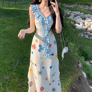 French Style Floral Print Sundress V Neck Empire Waist Long Dress For Beach Vacation Women Summer Casual Wear - Product Image 2