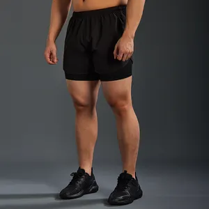 Pantalones cortos de doble capa para hombre, ropa de secado rápido para correr, gimnasio, fitness, entrenamiento