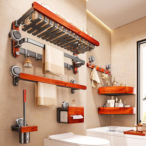 Porte-serviettes Blue Vine Rosewood à 4 barres, étagère de rangement à fixation par ventouse, support mural pour salle de bain en bois de séquoia et aluminium spatial - Product Image 5