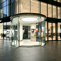 Porte coulissante en verre incurvé certifiée CE pour vitrine |   Porte à capteur en forme d'arc pour entrée de restaurant ou de magasin, design moderne