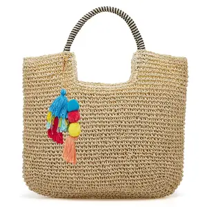 Straw Handbag Woven Women's Woven Tote Summer Beach Tassel Travel Beach Bag