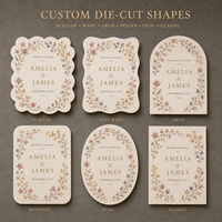 Cartes de menu de mariage à bords festonnés ondulés, motif floral, papier texturé personnalisé multi-tons aquarelle fleurs sauvages