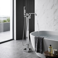 Robinet de baignoire autoportant en acier inoxydable SUS304 poli, cascade carrée, douchette à main, barre de douche coulissante douce, eau chaude et froide, montage au sol 360°, design moderne