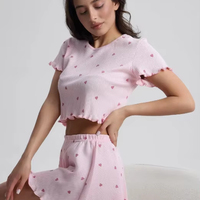 Vente en gros de pyjamas pour femmes en tissu extensible russe à volants, nouveau modèle Mujer, vêtements de maison, ensemble deux pièces à manches courtes avec bordure en forme de petit cœur, vêtements de détente