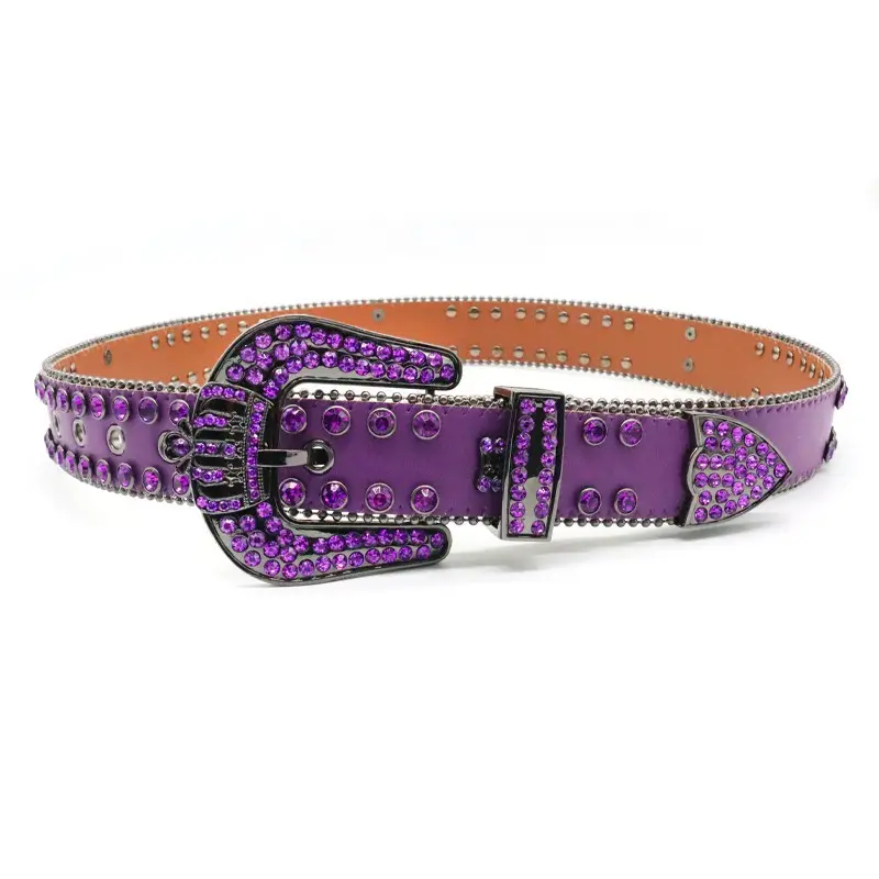 New Arrival Designer Royal Crown Buckle Leather Rhinestone Belt Luxury Punk Studded Purple Diamond Belts for women men