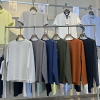 T-shirt en coton à manches longues pour homme, couleur unie, col rond, anti-boulochage, coupe ample, décontracté, pour affaires, tricoté, imprimé en sérigraphie