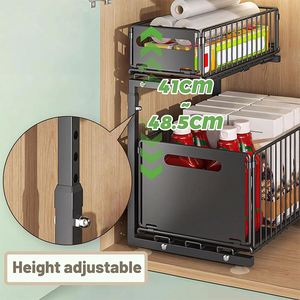 2 Tier Expandable Under Sink Kitchen Cupboard Cabinet Pull-Out Drawers <b>Storage</b> Cabinet Organizer Adhesive Spice <b>Storage</b> Rack - Product Image 2