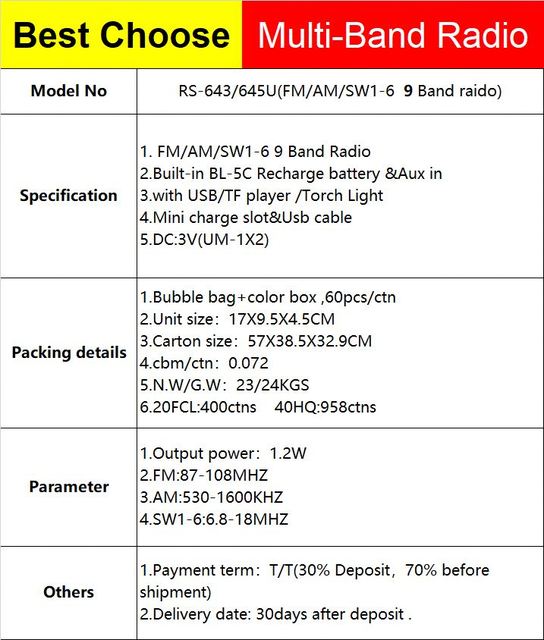 RS-645 Portable Plastic AM/FM/SW 1-6 Band Rechargeable Radio with DC Jack Built-in Speaker Torch Light & High Quality