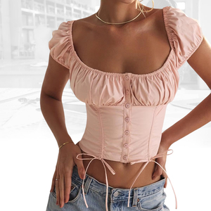 Haut court sexy vintage pour <span class=keywords><strong>femme</strong></span>, personnalisable en couleur, style décontracté, avec corsage froncé et col rond, vente en gros pour usine de vêtements - Product Image 2