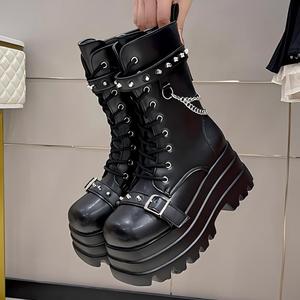 Giày bốt cổ ngắn nữ BUSY GIRL TMS02 màu đen phong cách Punk Gothic, đế xuồng, giày đặt làm riêng, đế platform, kiểu chunky, họa tiết lửa, kiểu bốt đi xe máy - Product Image 2