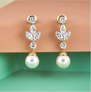 Luxury <b>Pearl</b> Drop <b>Earrings</b> With Brilliant Cut <b>Diamonds</b> For Anniversary Celebrations <b>And</b> Special Moments From India - Product Image 5