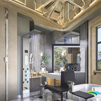 Panneau de douche mural multifonctionnel en acier inoxydable et céramique avec LED, robinets thermostatiques, effet pluie et massage, finition chromée