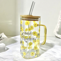 400ml Hitzebeständige Bleifreie Borosilikatglas Quadratische Tasse mit Buntem Griff, Deckel, Strohhalm und Blumenmuster, Spülmaschinenfest, für Zuhause