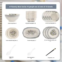 Service de table en céramique bleu floral peint à la main, style crème, avec bord festonné, idéal pour la restauration à la française et les cadeaux