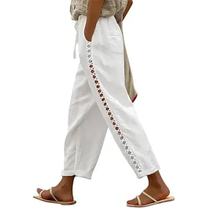 Damen Leinen Capri-Hose mit Schnüre Petite Sommer-Strandbekleidung leichte elastische Taillenhosen