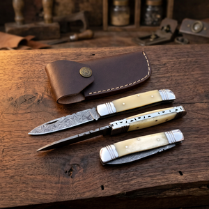 Handcrafted Damascus Steel Folding <b>Knife</b> <b>Bone</b> <b>Handle</b> Straight Edge Drop Point Blade 3 Blades Slide Open Pocket <b>Knife</b> - Product Image 1