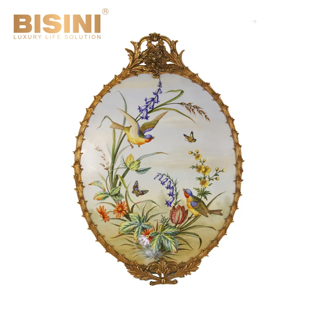 Ovale Form Antike Keramik malerei Klassisches Vogel-und Orchideen bild im geschnitzten Messing rahmen für Wand dekoration