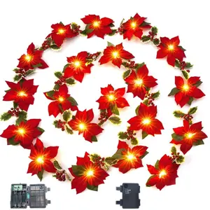 הוביל חג המולד אדום פוינסאטיה אורות מחרוזת מלאכותי פרחים עבור תפאורה מסיבה חיצונית (לא סוללות)