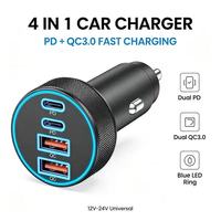 Chargeur de voiture IBD 90W 4 ports, 2 USB 2 Type-C PD QC3.0, adaptateur de charge rapide avec protection multiple pour téléphone, tablette, logo OEM personnalisé