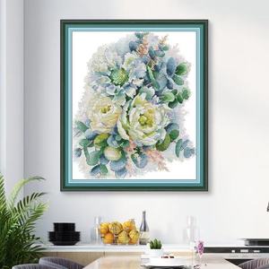 Bouquet de pivoines blanches douces et d'eucalyptus, style <span class=keywords><strong>Aida</strong></span>, <span class=keywords><strong>toile</strong></span> pour broderie au point de croix DIY 16/14/11CT pour débutants - Product Image 1