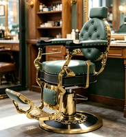 Fauteuil de barbier rétro robuste, inclinable hydrauliquement, en cuir noir, idéal pour les salons de coiffure.