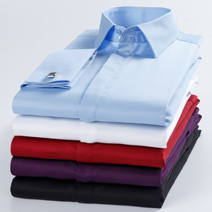 Nuova <span class=keywords><strong>Camicia</strong></span> Formale da <span class=keywords><strong>Uomo</strong></span> a Collo Alto in <span class=keywords><strong>Raso</strong></span> di Cotone Slim-Fit con Colletto Quadrato, Perline e Polsini Solidi, Antipiega, a Maniche Lunghe, per Autunno - Product Image 1