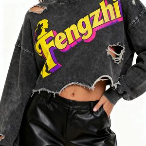 Elegante autunno lavaggio acido con Logo stampato strappato morbido in pile girocollo retrò grigio scuro <span class=keywords><strong>felpa</strong></span> da <span class=keywords><strong>donna</strong></span> - Product Image 5