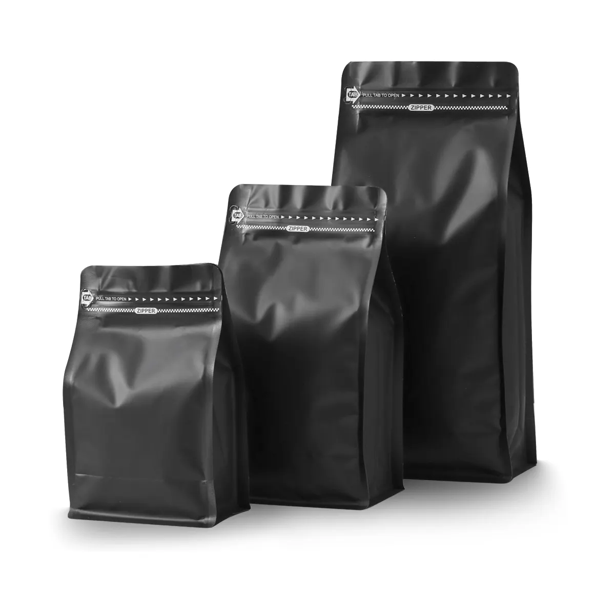 Vente directe en usine sac à café à fond plat zippé personnalisé de haute qualité 250 G 500g 1000g sac à café à Valve noir mat