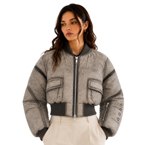 Blouson bomber court matelassé pour femme, style vintage délavé à l'acide, avec poches cargo, effet vieilli, vêtement d'extérieur type <span class=keywords><strong>aviateur</strong></span> - Product Image 1