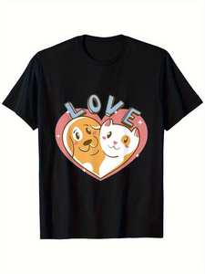 T-shirt San Valentino per Cani e Gatti con Cuore, Stampa Cartoon Amore Viola, 100% Cotone, Girocollo, Vestibilità Regolare, Nero, Taglie S-XXXL, Primavera Estate - Product Image 1