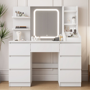 Factory Direct Modern 7 Drawers Dressing Table <b>Vanity</b> Desk with Large <b>Lighted</b> <b>Mirror</b> Adjustable Brightness - Product Image 1
