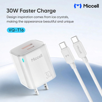 Chargeur rapide USB C Miccell 30W GaN Type C avec câble tressé C vers C, vente en gros OEM, adaptateurs de charge super rapide