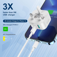 Adaptor daya USB C 20W colokan UK, pengisi daya kabel pengisian cepat fungsi PD untuk pengisi daya nirkabel iPhone 16