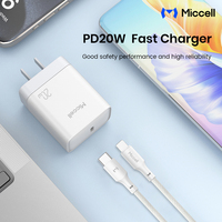 Chargeur rapide PD 20W Miccell en gros avec câble USB-C tressé vers Lightning, adaptateur de charge USB C, chargeur mural Type-C pour iPhone
