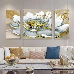 Pintura de tela dourada personalizada, arte de parede de 3 painéis de folha dourada decorativa para casa