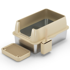 Stainless Steel <b>Cat</b> Litter <b>Box</b> Rectangle Large Space Semi Enclosed Durable High Sided With Scoop Storage For <b>Cats</b> - Product Image 2